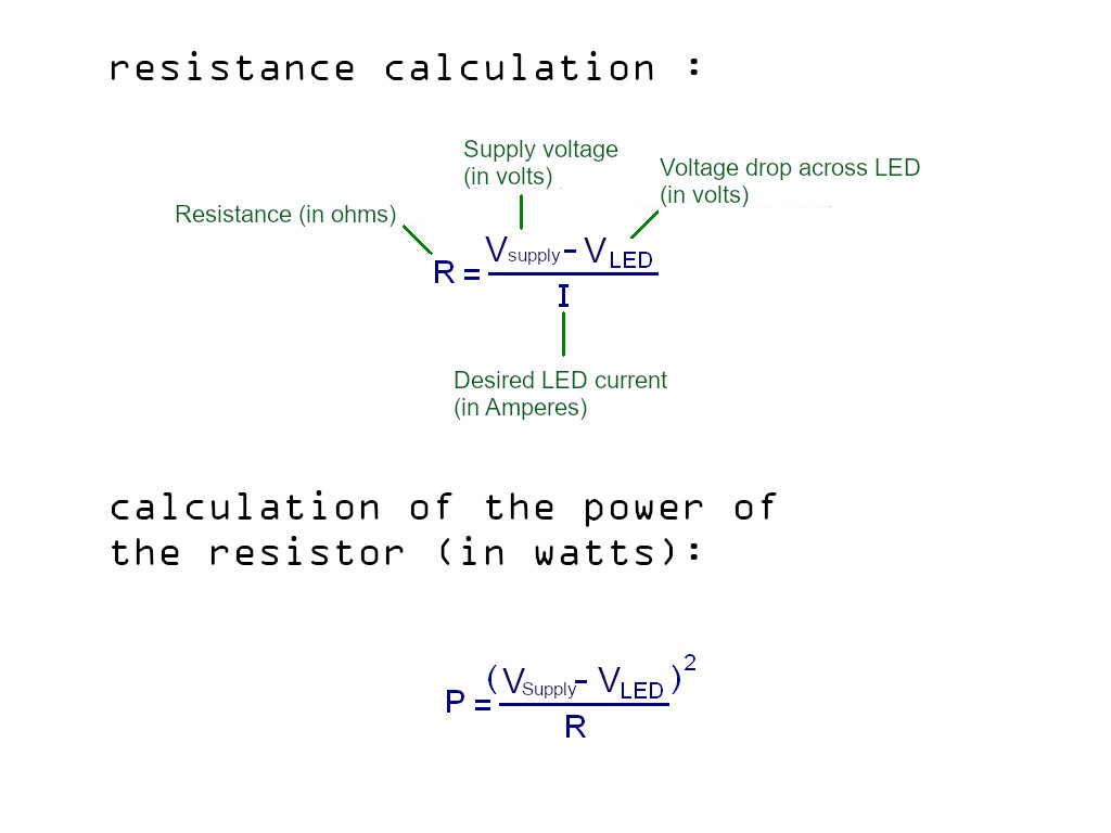 R=(U alim-U led)/I       P=(U alim-U led)²/R